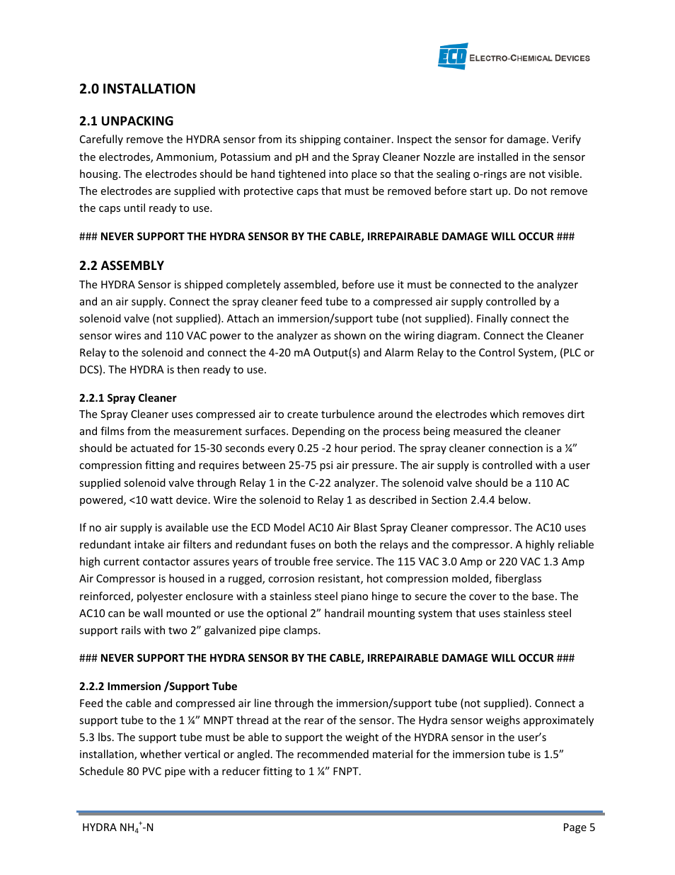 0 installation | Electro-Chemical Devices (ECD) HYDRA Ammonium User Manual | Page 13 / 42