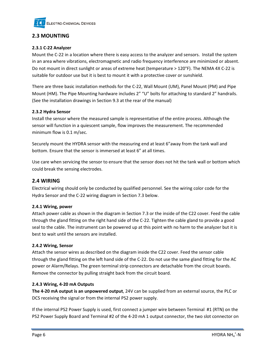 Electro-Chemical Devices (ECD) HYDRA Ammonium User Manual | Page 14 / 42