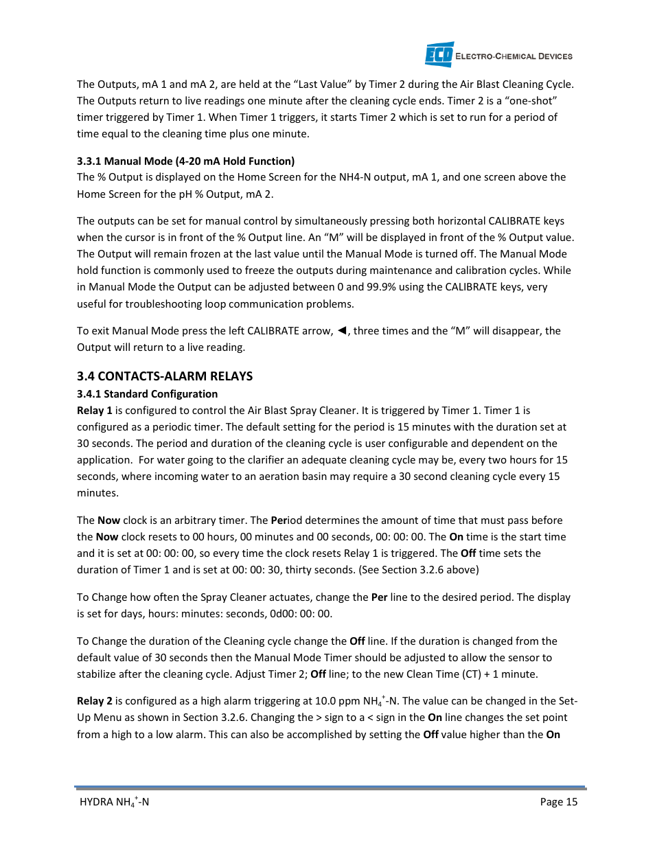 4 contacts-alarm relays | Electro-Chemical Devices (ECD) HYDRA Ammonium User Manual | Page 23 / 42