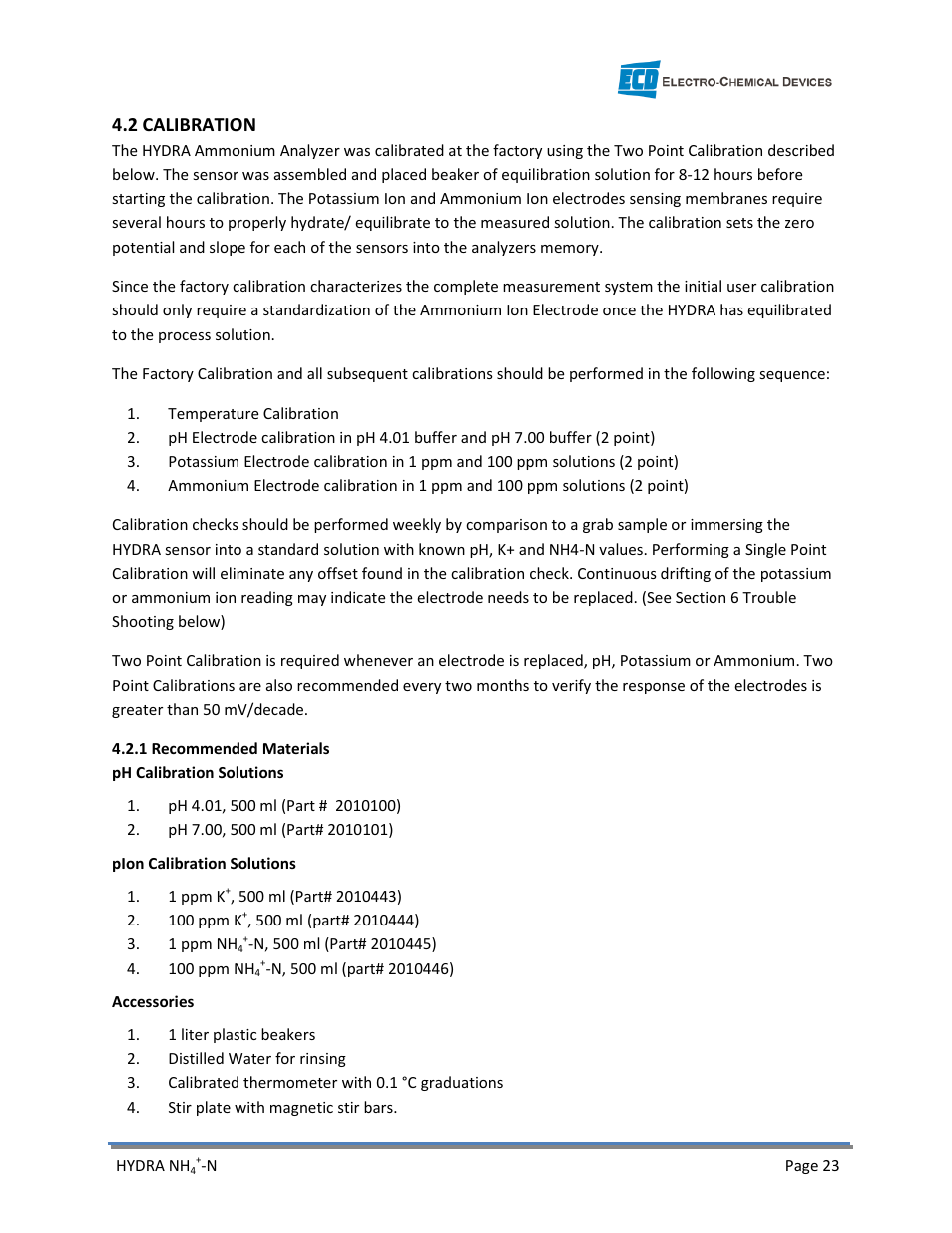 2 calibration | Electro-Chemical Devices (ECD) HYDRA Ammonium User Manual | Page 31 / 42