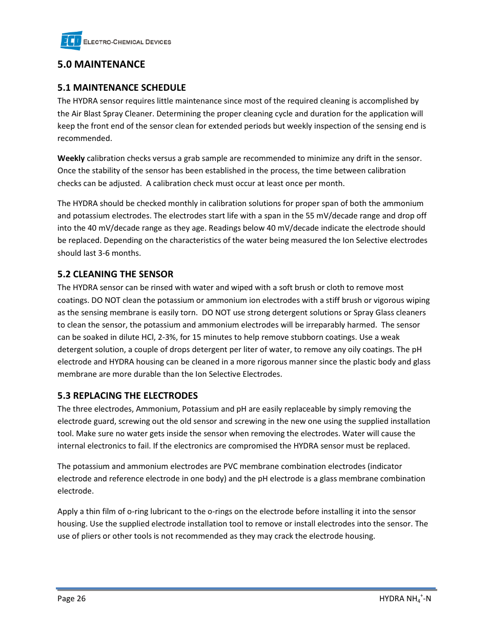 0 maintenance | Electro-Chemical Devices (ECD) HYDRA Ammonium User Manual | Page 34 / 42