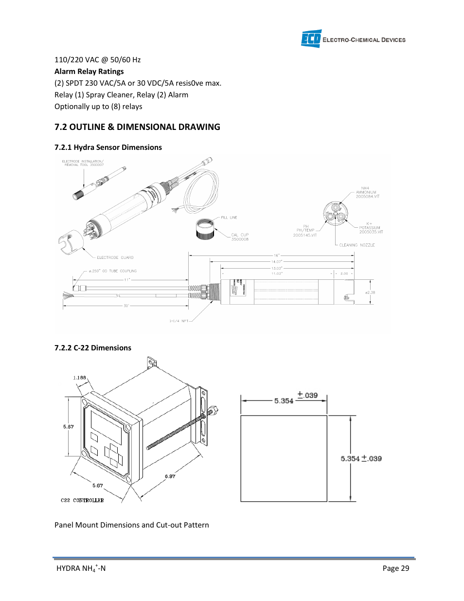 2 outline & dimensional drawing | Electro-Chemical Devices (ECD) HYDRA Ammonium User Manual | Page 37 / 42