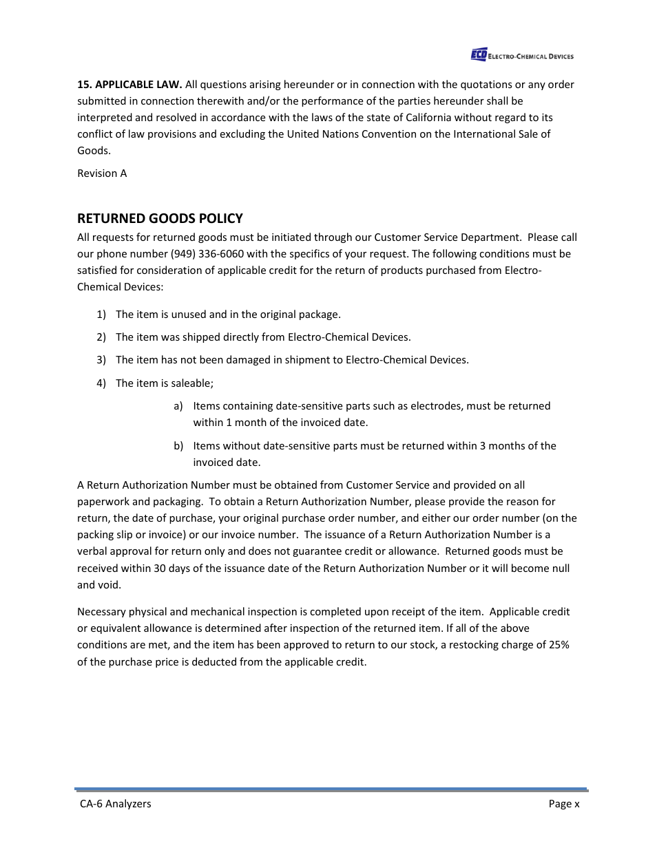 Returned goods policy | Electro-Chemical Devices (ECD) CA6 Hardness Analyzer User Manual | Page 10 / 83