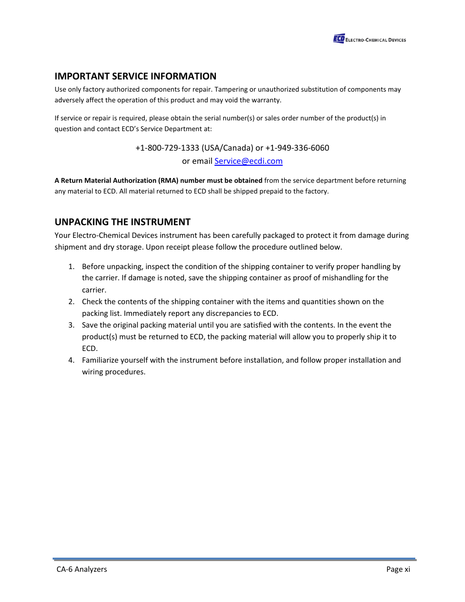 Important service information, Unpacking the instrument | Electro-Chemical Devices (ECD) CA6 Hardness Analyzer User Manual | Page 11 / 83