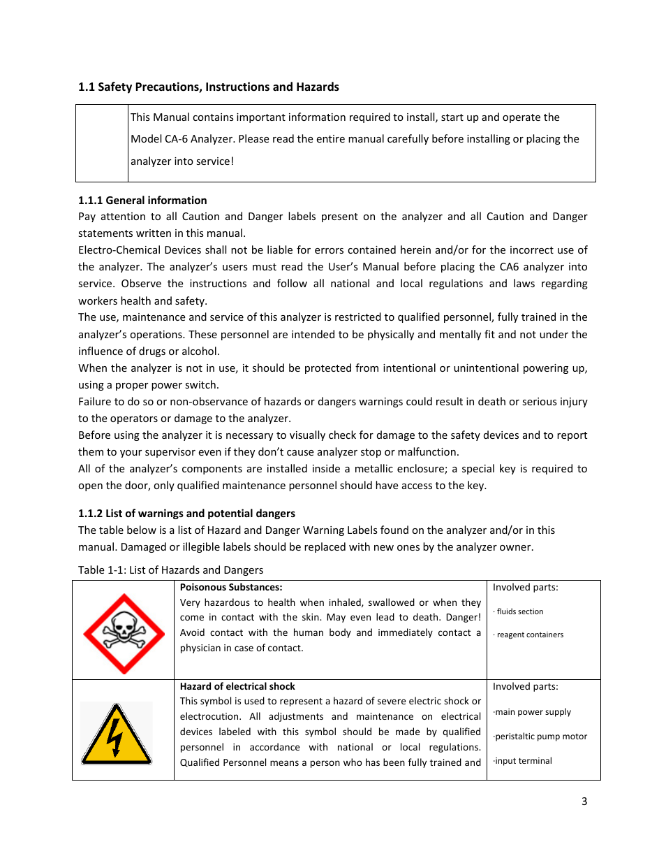 1 safety precautions, instructions and hazards, 1 general information, 2 list of warnings and potential dangers | Electro-Chemical Devices (ECD) CA6 Hardness Analyzer User Manual | Page 14 / 83