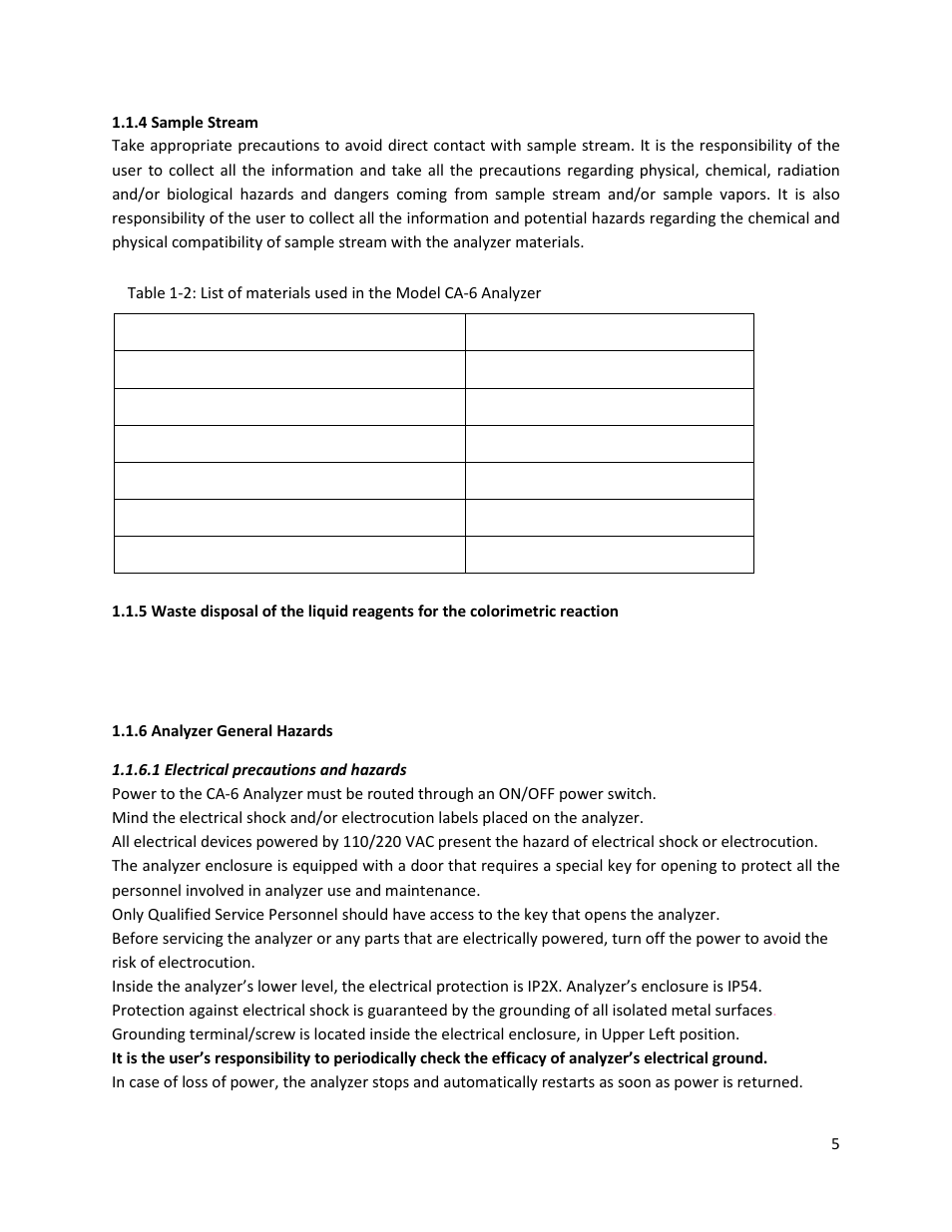 4 sample stream, 6 analyzer general hazards, 1 electrical precautions and hazards | Electro-Chemical Devices (ECD) CA6 Hardness Analyzer User Manual | Page 16 / 83