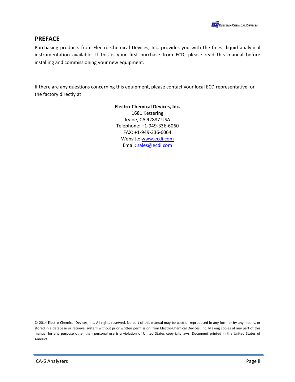 Preface | Electro-Chemical Devices (ECD) CA6 Hardness Analyzer User Manual | Page 2 / 83