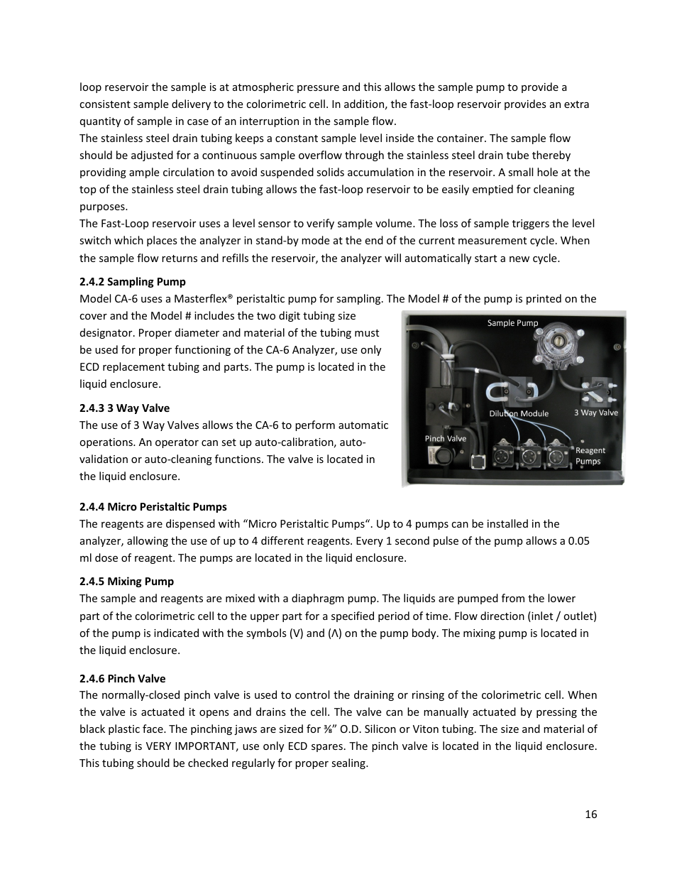 2 sampling pump, 3 3 way valve, 4 micro peristaltic pumps | 5 mixing pump, 6 pinch valve | Electro-Chemical Devices (ECD) CA6 Hardness Analyzer User Manual | Page 27 / 83