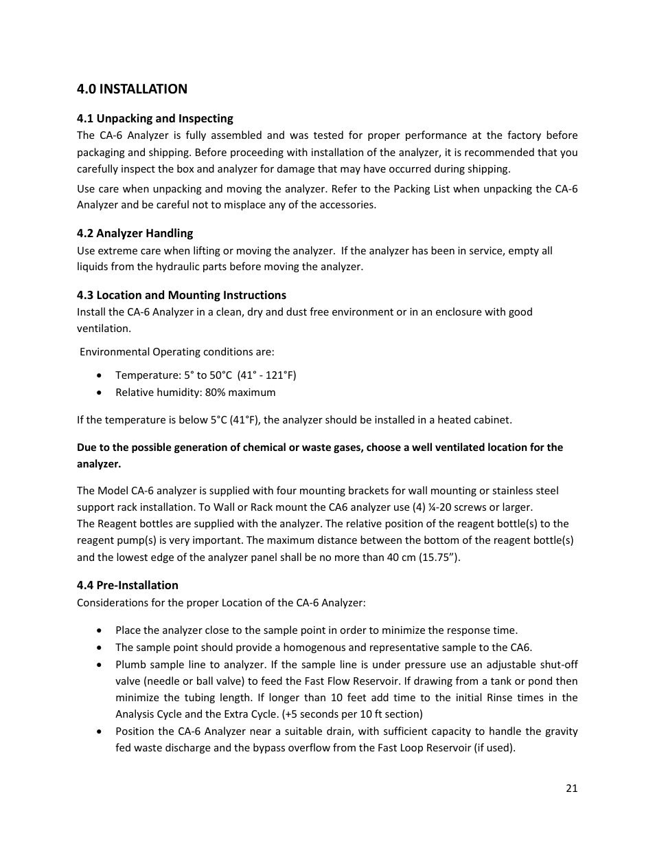 0 installation, 1 unpacking and inspecting, 2 analyzer handling | 3 location and mounting instructions, 4 pre-installation | Electro-Chemical Devices (ECD) CA6 Hardness Analyzer User Manual | Page 32 / 83