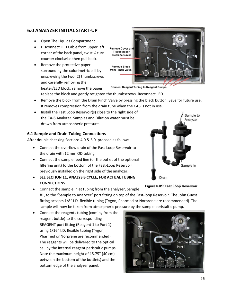 0 analyzer initial start-up, 1 sample and drain tubing connections | Electro-Chemical Devices (ECD) CA6 Hardness Analyzer User Manual | Page 37 / 83