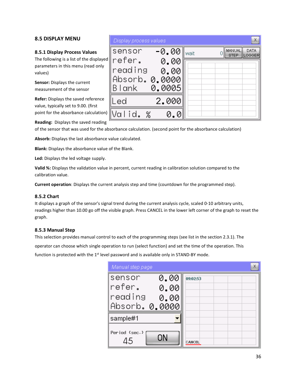 5 display menu, 1 display process values, 2 chart | 3 manual step | Electro-Chemical Devices (ECD) CA6 Hardness Analyzer User Manual | Page 47 / 83