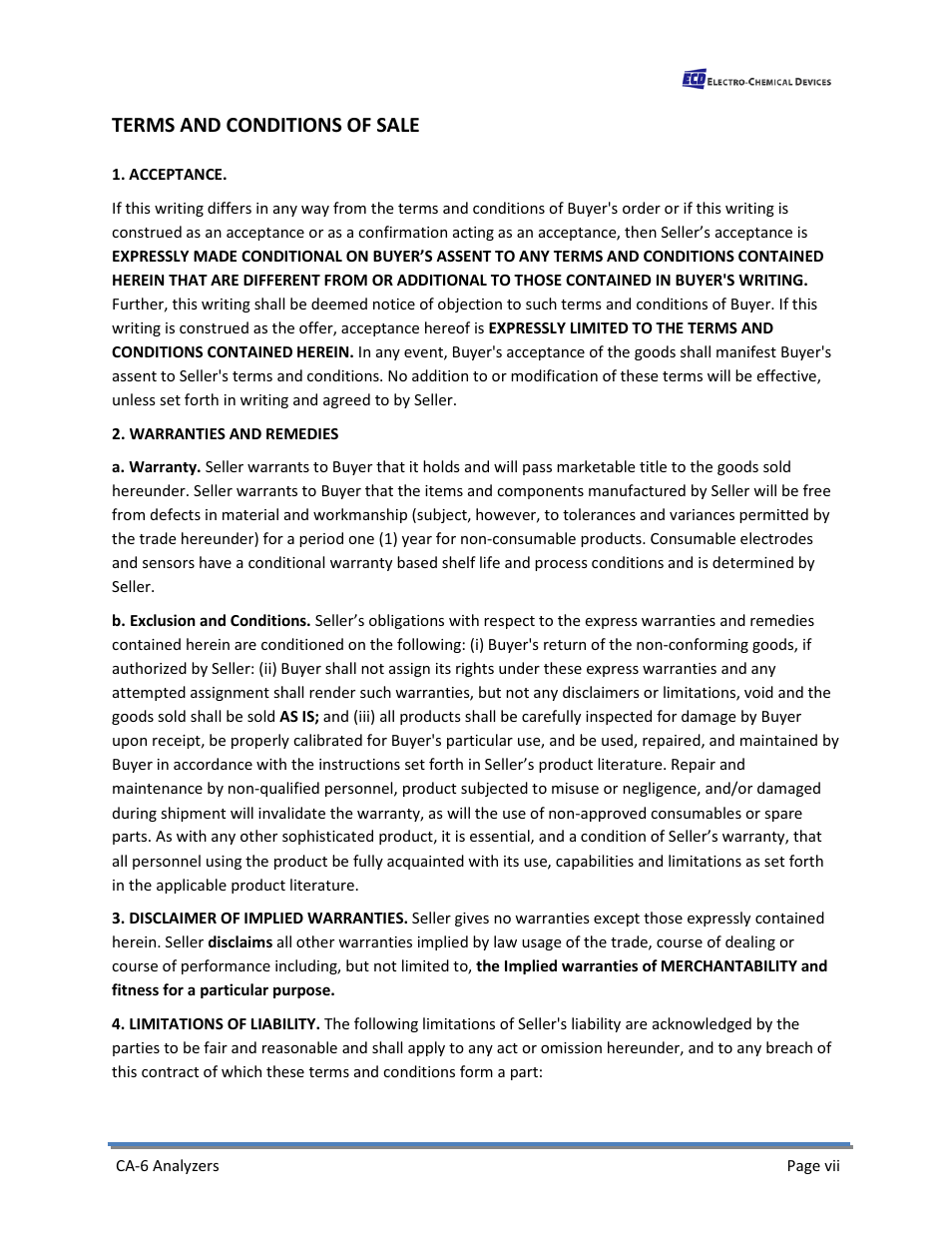 Terms and conditions of sale | Electro-Chemical Devices (ECD) CA6 Hardness Analyzer User Manual | Page 7 / 83