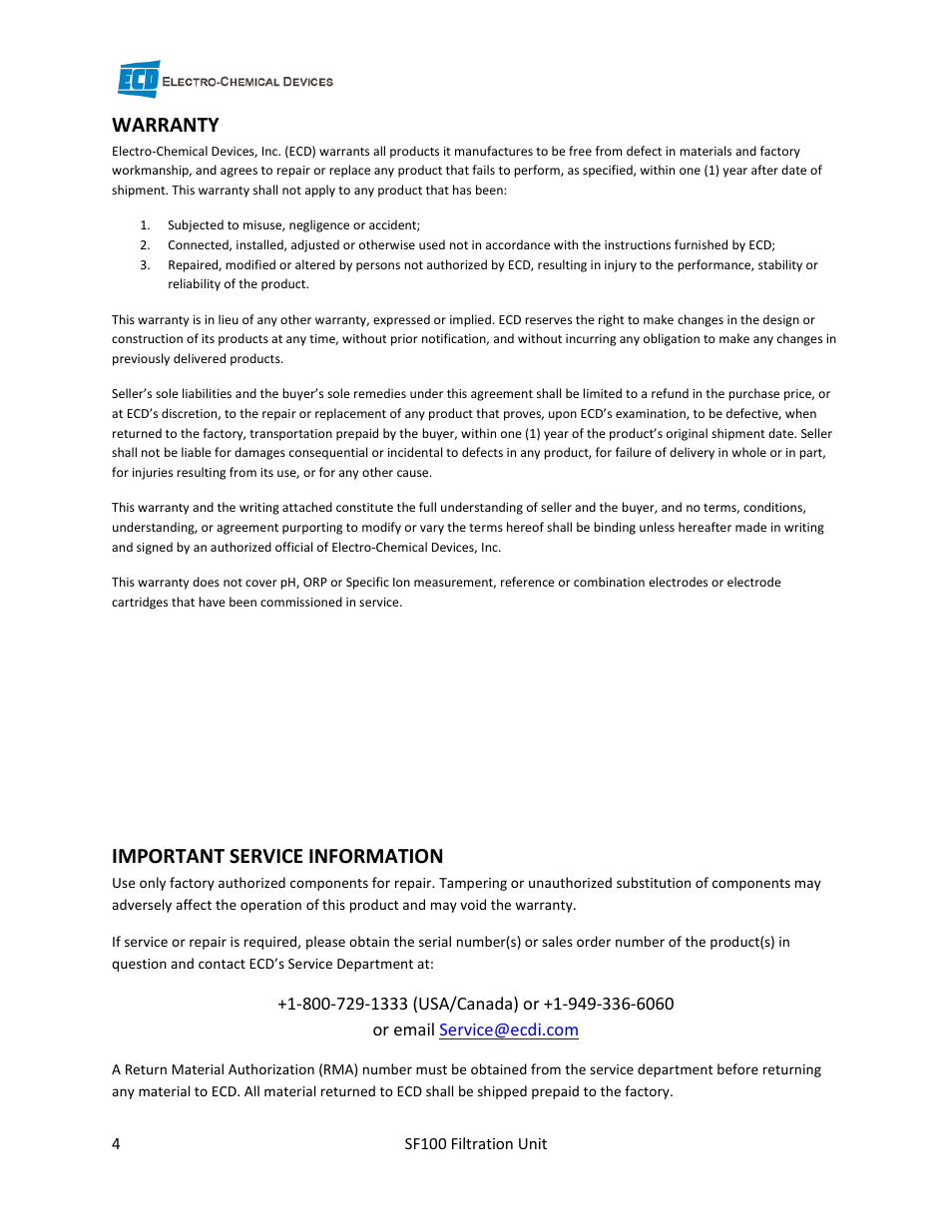 Warranty, Important service information | Electro-Chemical Devices (ECD) CA6 Filtration Unit User Manual | Page 4 / 9