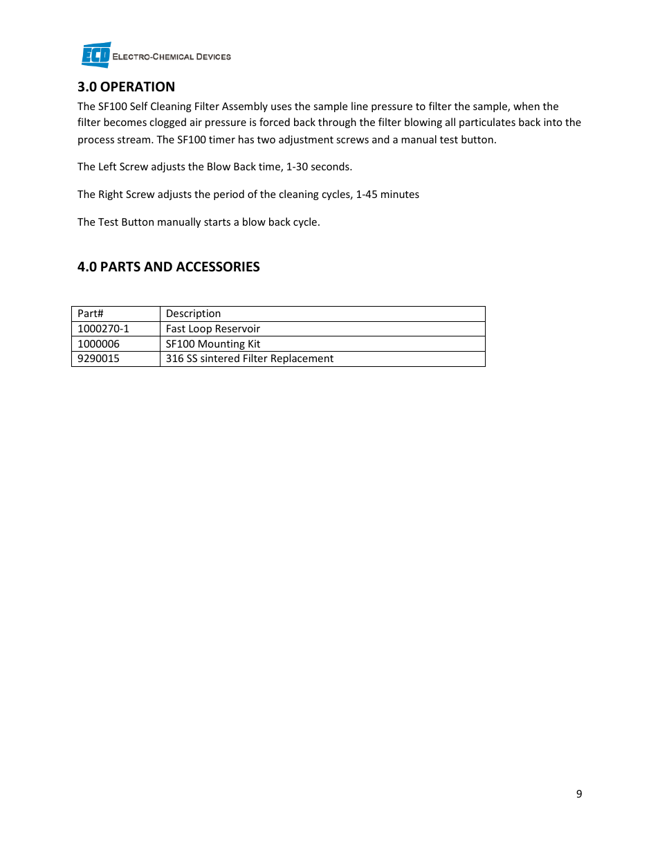 0 operation, 0 parts and accessories | Electro-Chemical Devices (ECD) CA6 Filtration Unit User Manual | Page 9 / 9