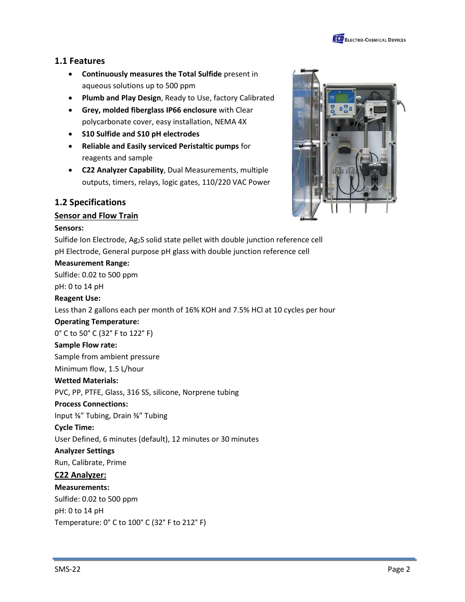 1 features, 2 specifications, 1 features 1.2 specifications | Electro-Chemical Devices (ECD) SMS22 User Manual | Page 11 / 42