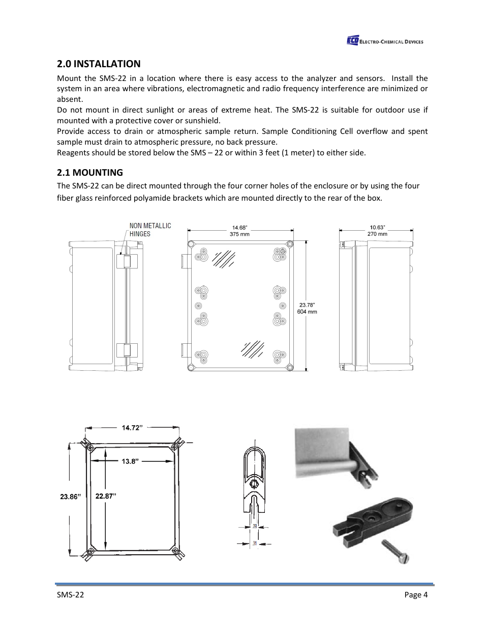 0 installation, 1 mounting | Electro-Chemical Devices (ECD) SMS22 User Manual | Page 13 / 42