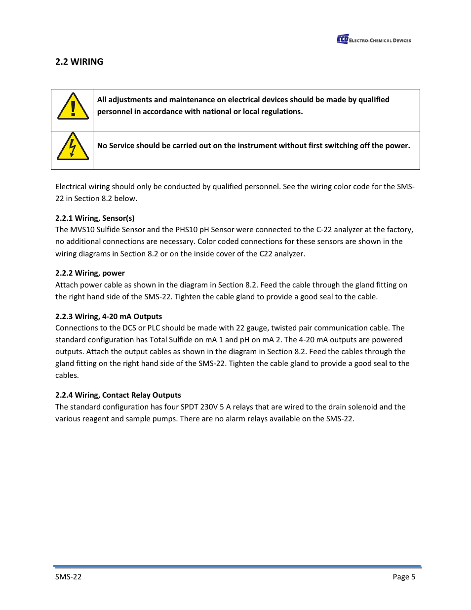 2 wiring, 1 wiring, sensor(s), 2 wiring, power | 3 wiring, 4-20 ma outputs, 4 wiring, contact relay outputs | Electro-Chemical Devices (ECD) SMS22 User Manual | Page 14 / 42