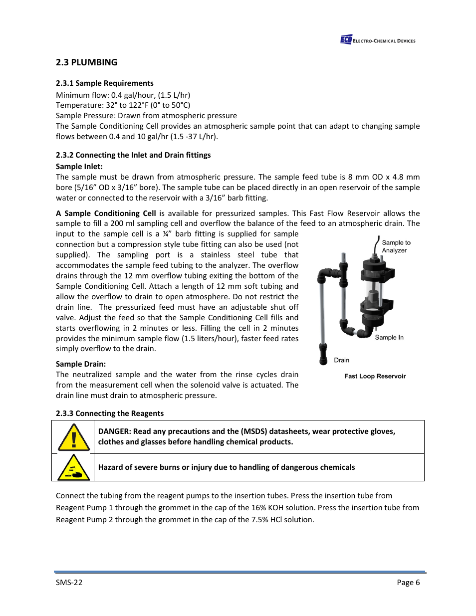 3 plumbing, 1 sample requirements, 2 connecting the inlet and drain fittings | 3 connecting the reagents | Electro-Chemical Devices (ECD) SMS22 User Manual | Page 15 / 42