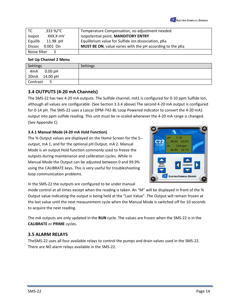 4 outputs (4-20 ma channels), 1 manual mode (4-20 ma hold function), 5 alarm relays | Electro-Chemical Devices (ECD) SMS22 User Manual | Page 23 / 42