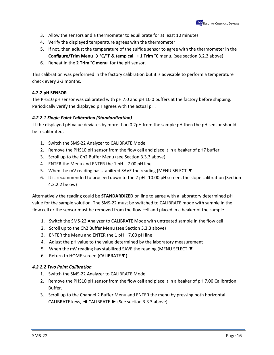 2 ph sensor, 1 single point calibration (standardization), 2 two point calibration | Electro-Chemical Devices (ECD) SMS22 User Manual | Page 25 / 42