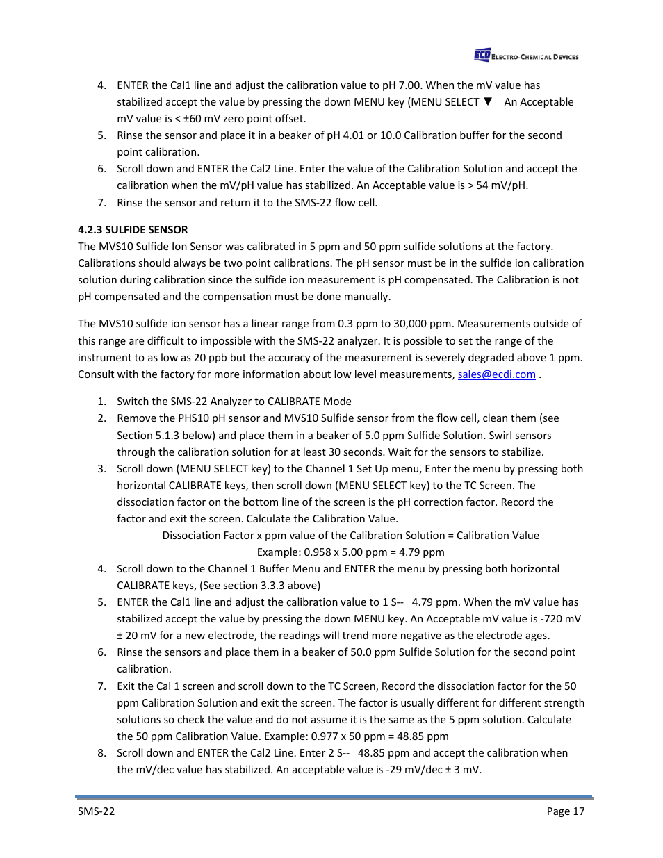 3 sulfide sensor | Electro-Chemical Devices (ECD) SMS22 User Manual | Page 26 / 42