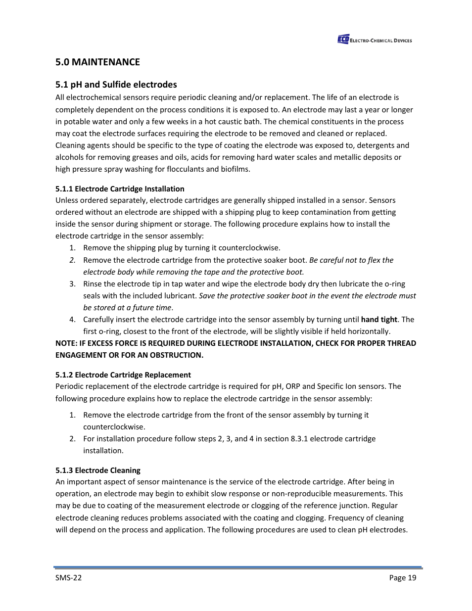 0 maintenance, 1 ph and sulfide electrodes, 1 electrode cartridge installation | 2 electrode cartridge replacement, 3 electrode cleaning | Electro-Chemical Devices (ECD) SMS22 User Manual | Page 28 / 42