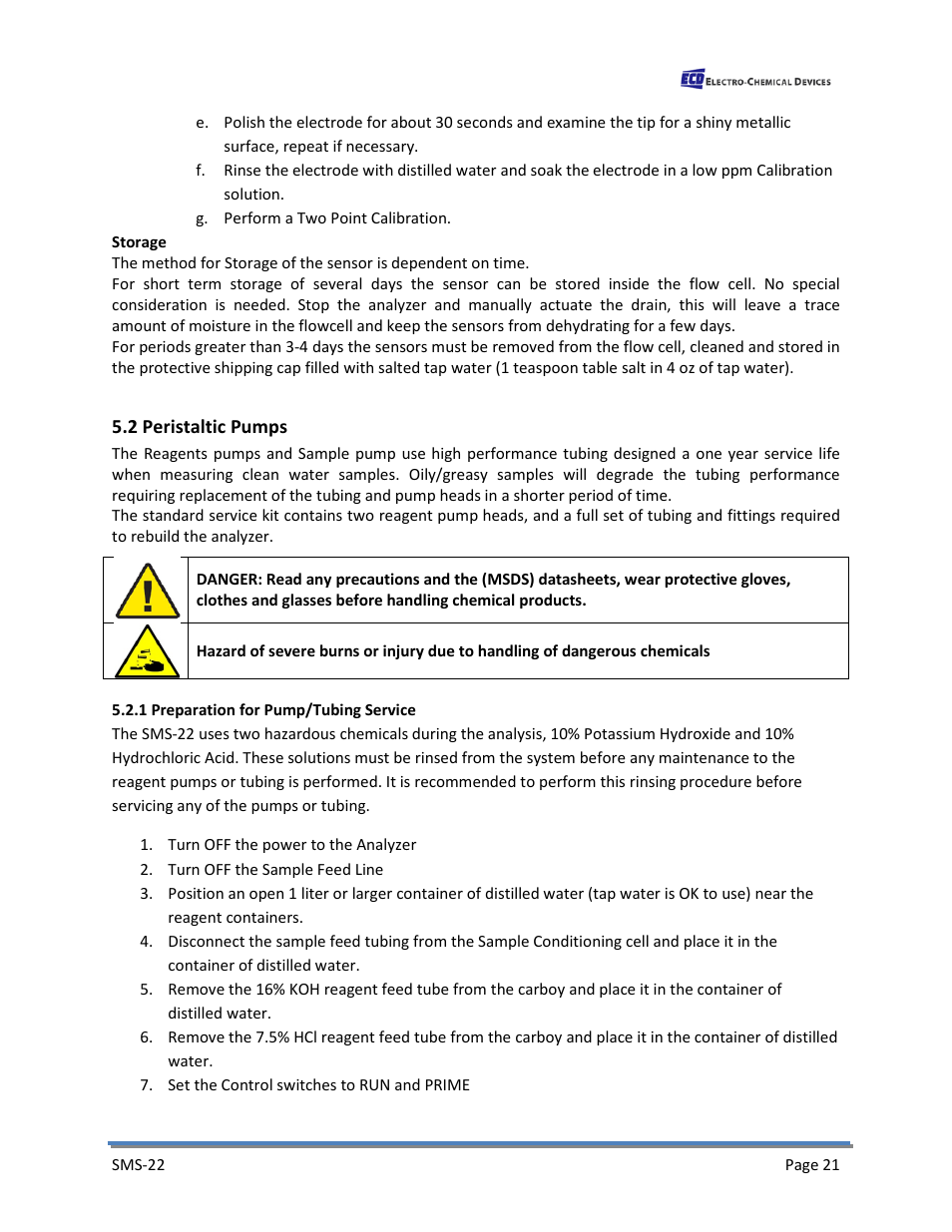 2 peristaltic pumps, 1 preparation for pump/tubing service | Electro-Chemical Devices (ECD) SMS22 User Manual | Page 30 / 42