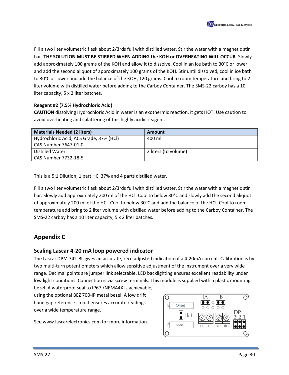 Reagent #2 (7.5% hydrochloric acid), Appendix c, Scaling lascar 4-20 ma loop powered indicator | Electro-Chemical Devices (ECD) SMS22 User Manual | Page 39 / 42