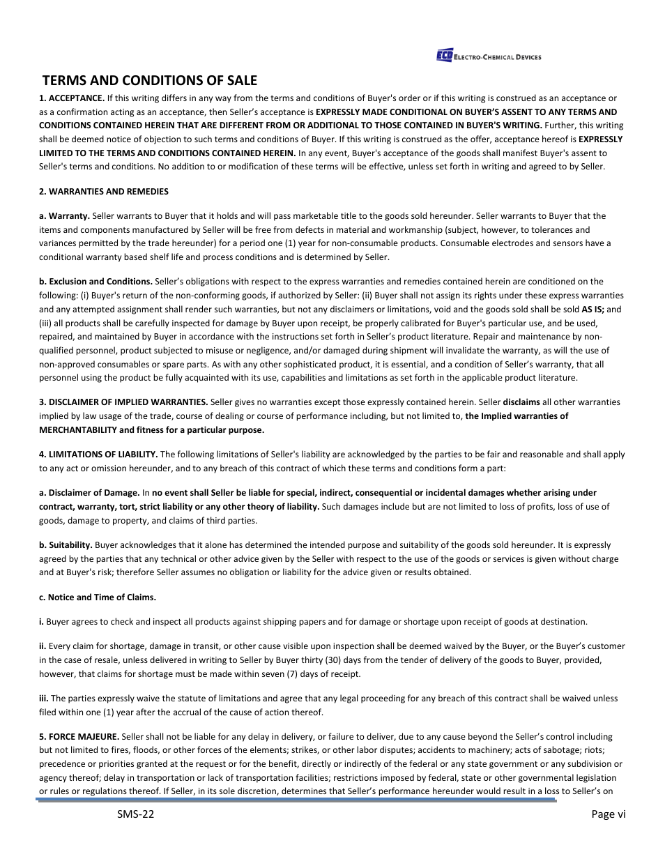 Terms and conditions of sale | Electro-Chemical Devices (ECD) SMS22 User Manual | Page 6 / 42