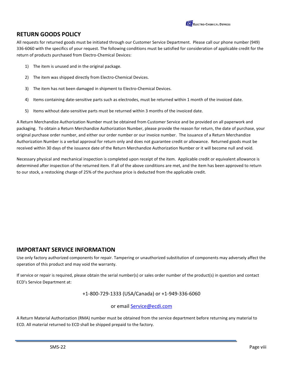 Return goods policy, Important service information | Electro-Chemical Devices (ECD) SMS22 User Manual | Page 8 / 42