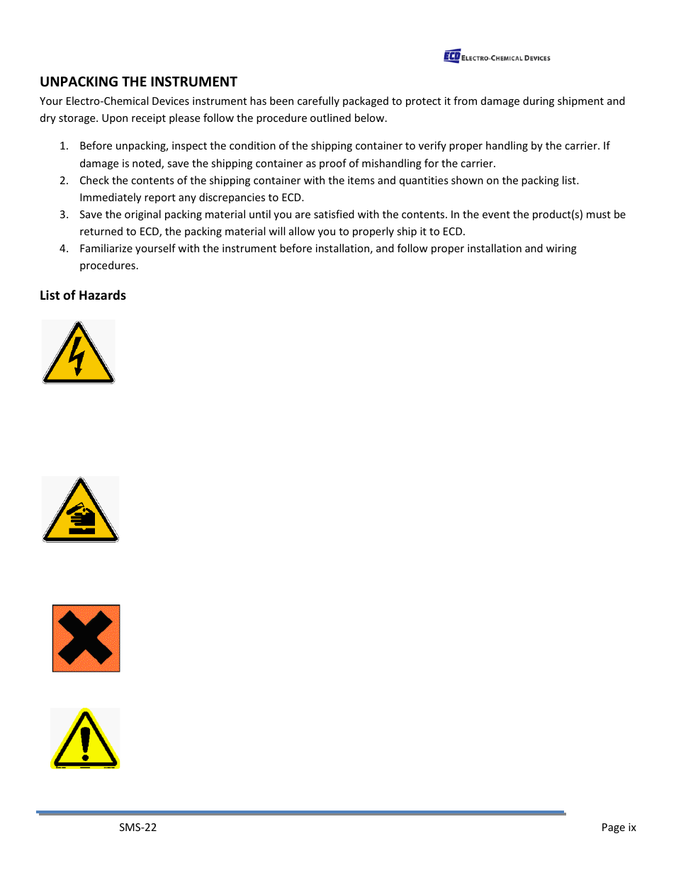 Unpacking the instrument, List of hazards | Electro-Chemical Devices (ECD) SMS22 User Manual | Page 9 / 42