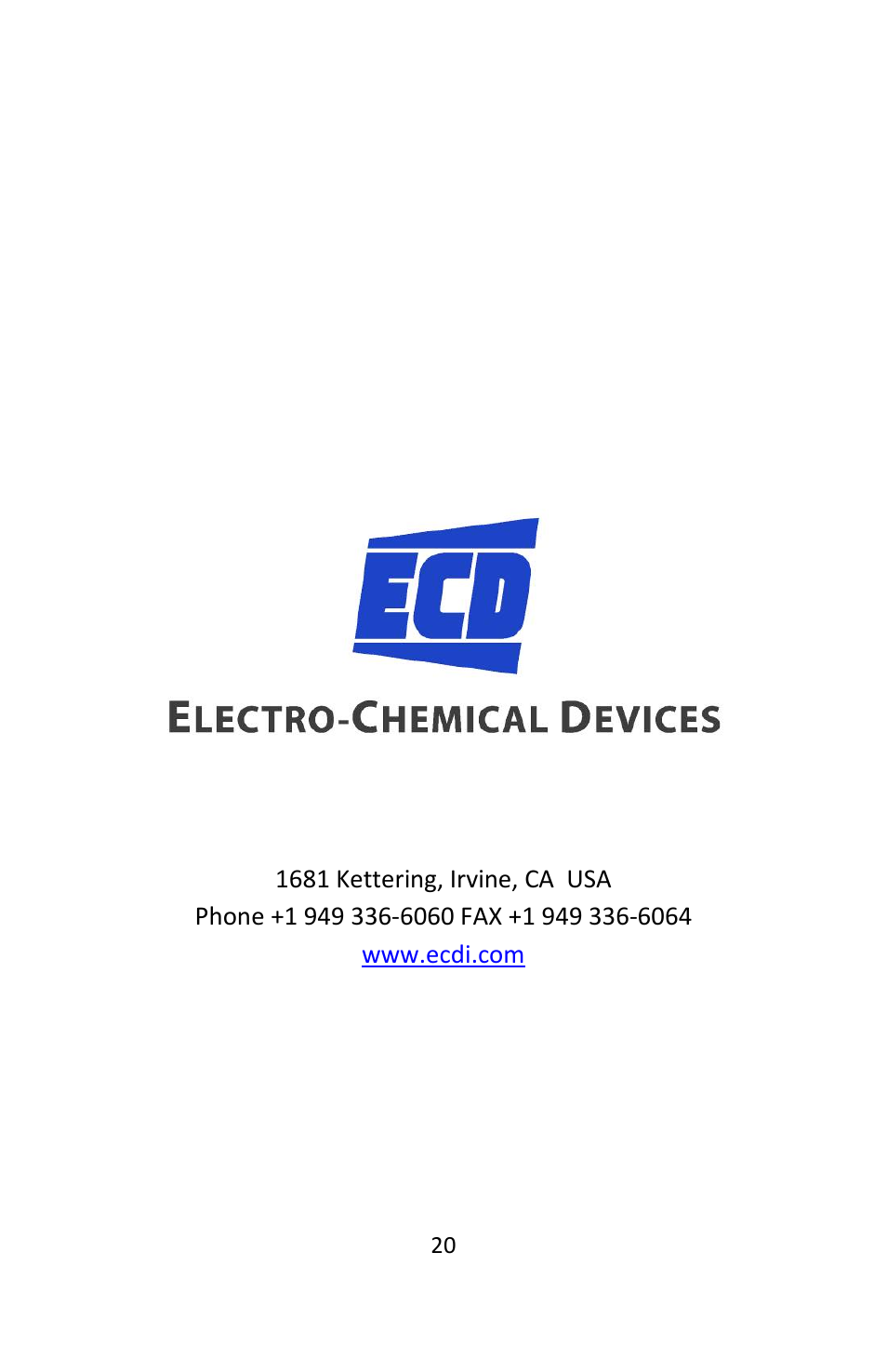 Electro-Chemical Devices (ECD) L20 User Manual | Page 20 / 20