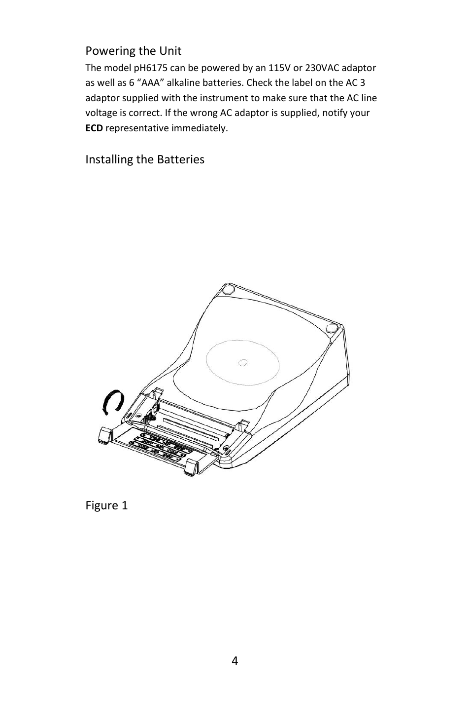 Powering the unit, Installing the batteries, Figure 1 4 | Electro-Chemical Devices (ECD) L20 User Manual | Page 4 / 20