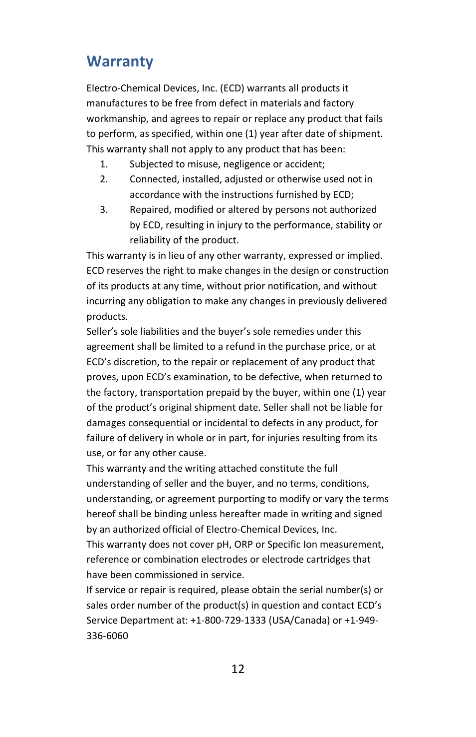 Warranty | Electro-Chemical Devices (ECD) L20 C User Manual | Page 12 / 12