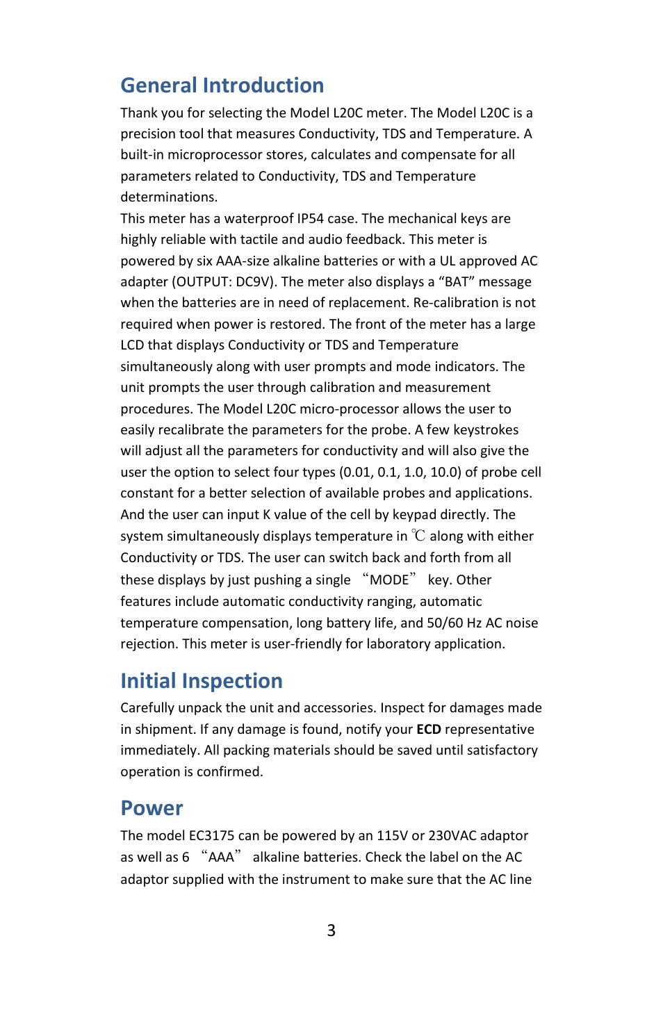 General introduction, Initial inspection, Power | General introduction initial inspection power | Electro-Chemical Devices (ECD) L20 C User Manual | Page 3 / 12