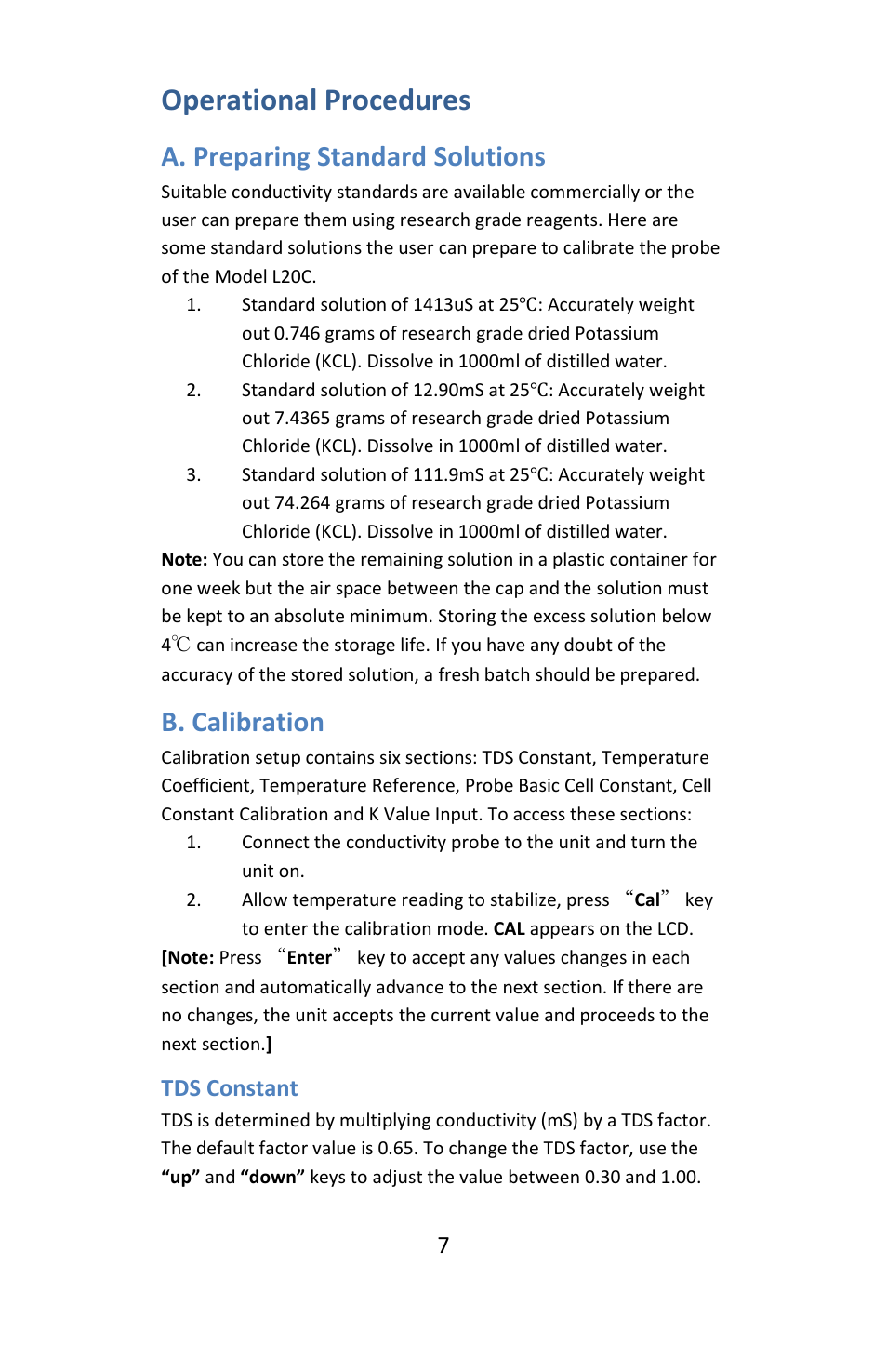 Operational procedures, A. preparing standard solutions, B. calibration | Tds constant | Electro-Chemical Devices (ECD) L20 C User Manual | Page 7 / 12