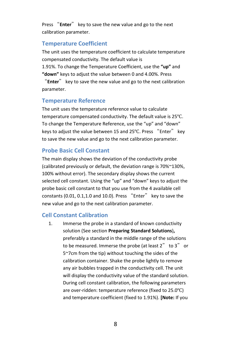 Temperature coefficient, Temperature reference, Probe basic cell constant | Cell constant calibration | Electro-Chemical Devices (ECD) L20 C User Manual | Page 8 / 12