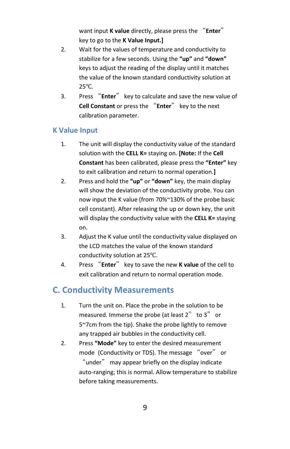 K value input, C. conductivity measurements | Electro-Chemical Devices (ECD) L20 C User Manual | Page 9 / 12