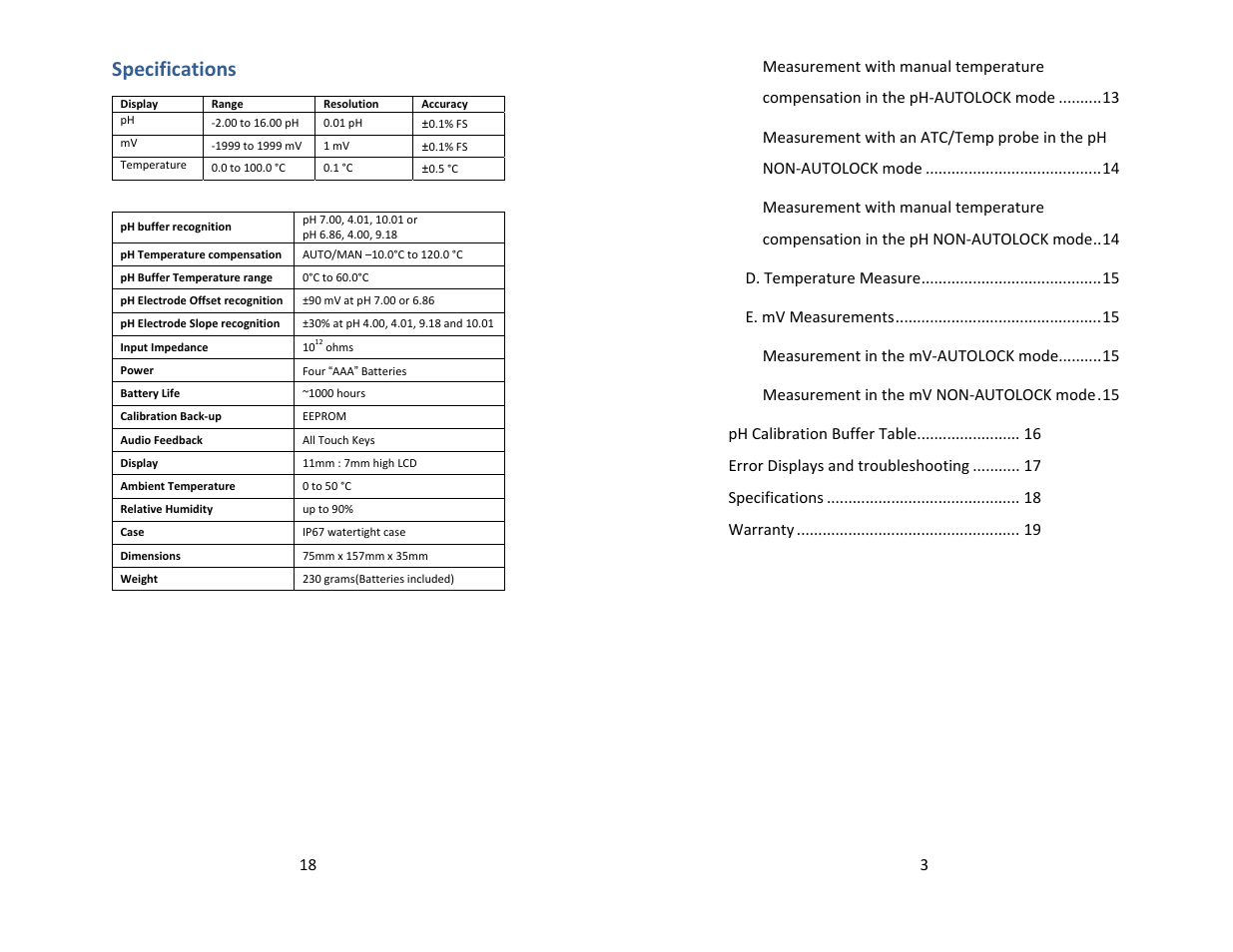 Specifications | Electro-Chemical Devices (ECD) H10 User Manual | Page 3 / 10