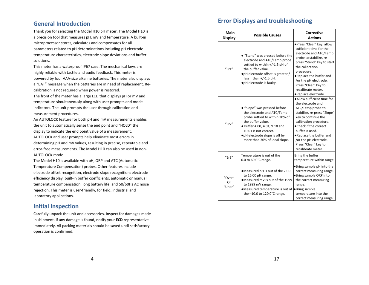 General introduction, Initial inspection, Error displays and troubleshooting | Electro-Chemical Devices (ECD) H10 User Manual | Page 4 / 10