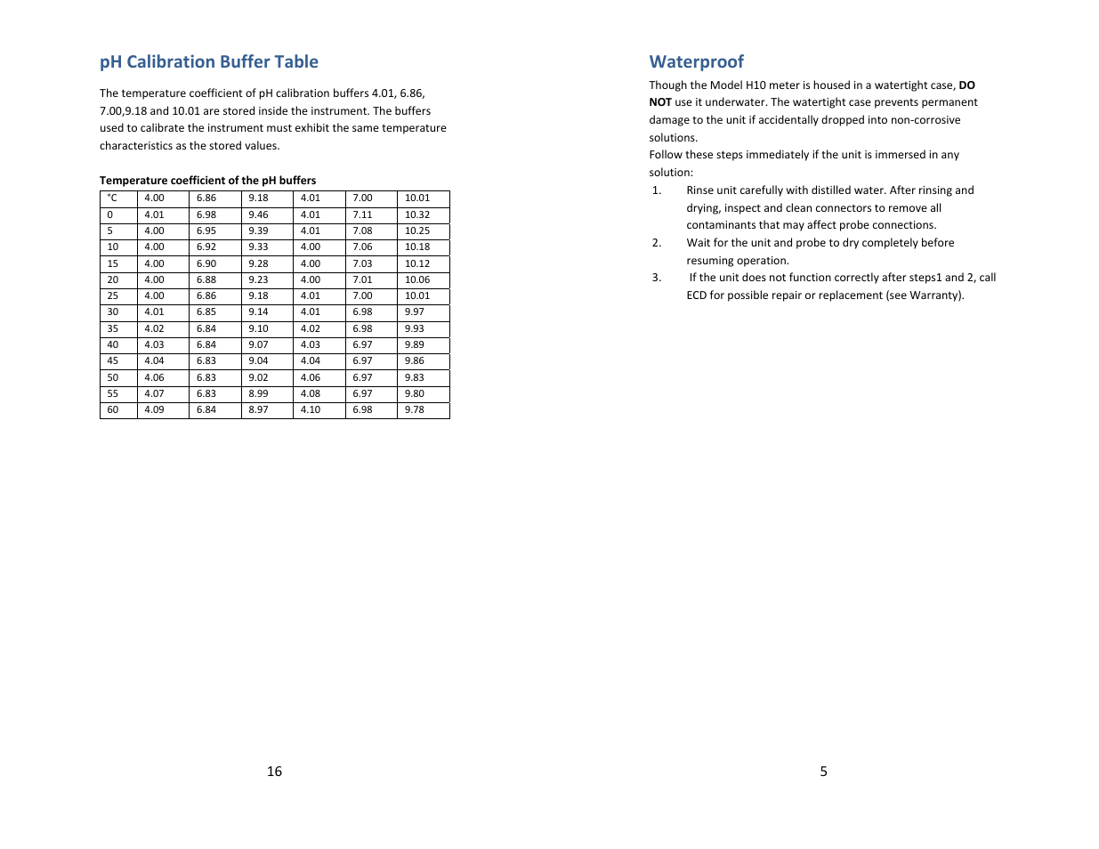 Ph calibration buffer table, Waterproof | Electro-Chemical Devices (ECD) H10 User Manual | Page 5 / 10