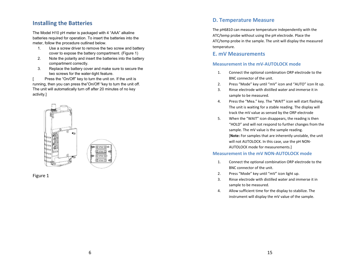 Installing the batteries, D. temperature measure, E. mv measurements | Electro-Chemical Devices (ECD) H10 User Manual | Page 6 / 10