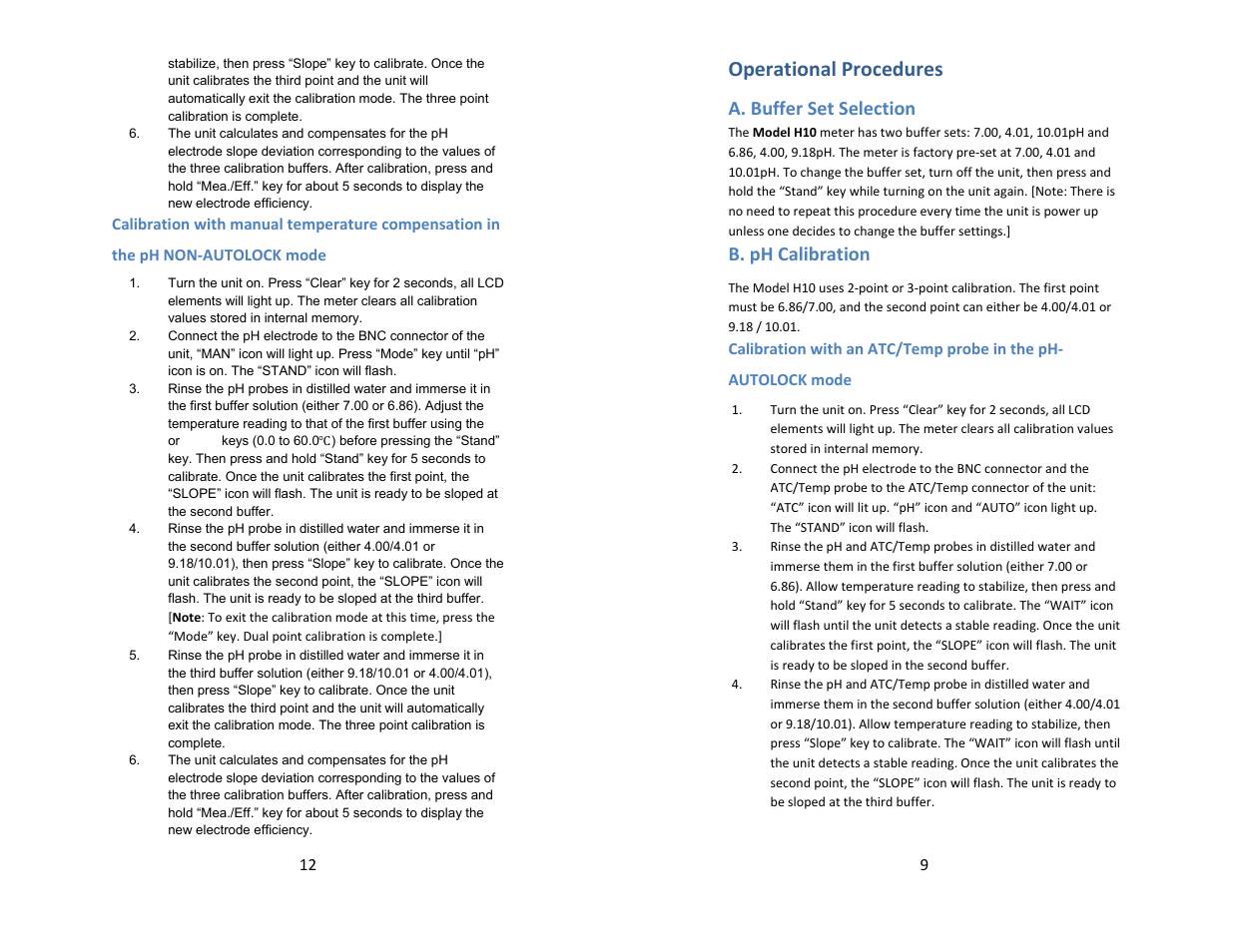 Operational procedures, A. buffer set selection, B. ph calibration | Electro-Chemical Devices (ECD) H10 User Manual | Page 9 / 10