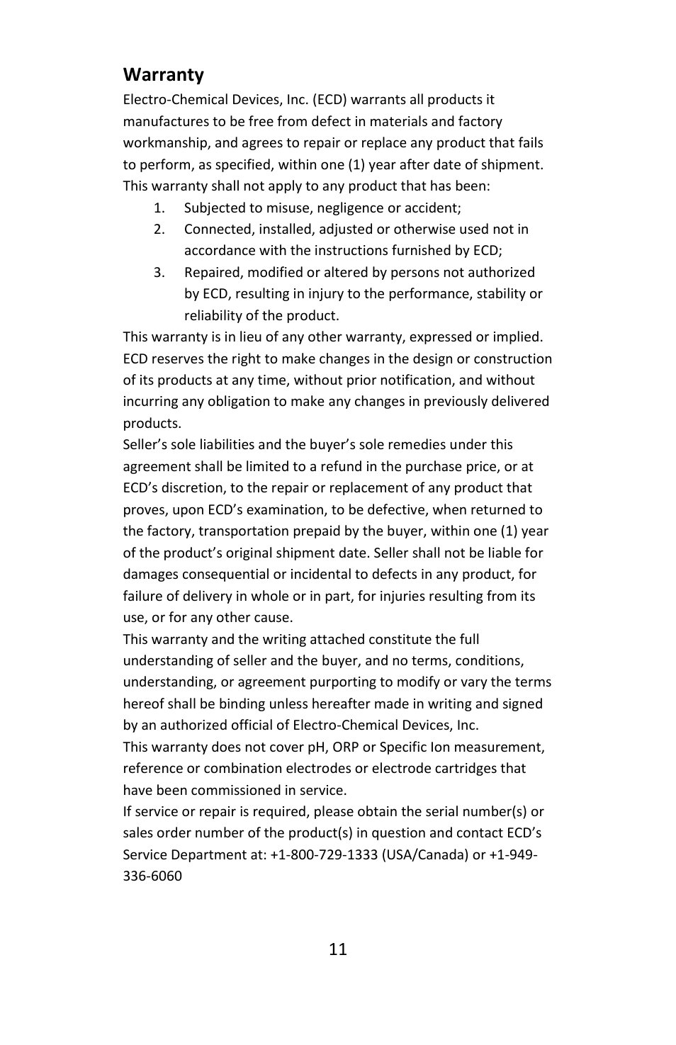 Warranty | Electro-Chemical Devices (ECD) H10C User Manual | Page 11 / 12