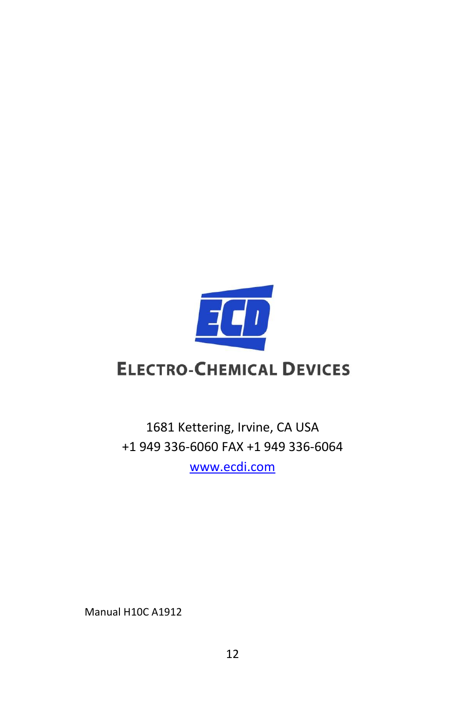 Electro-Chemical Devices (ECD) H10C User Manual | Page 12 / 12