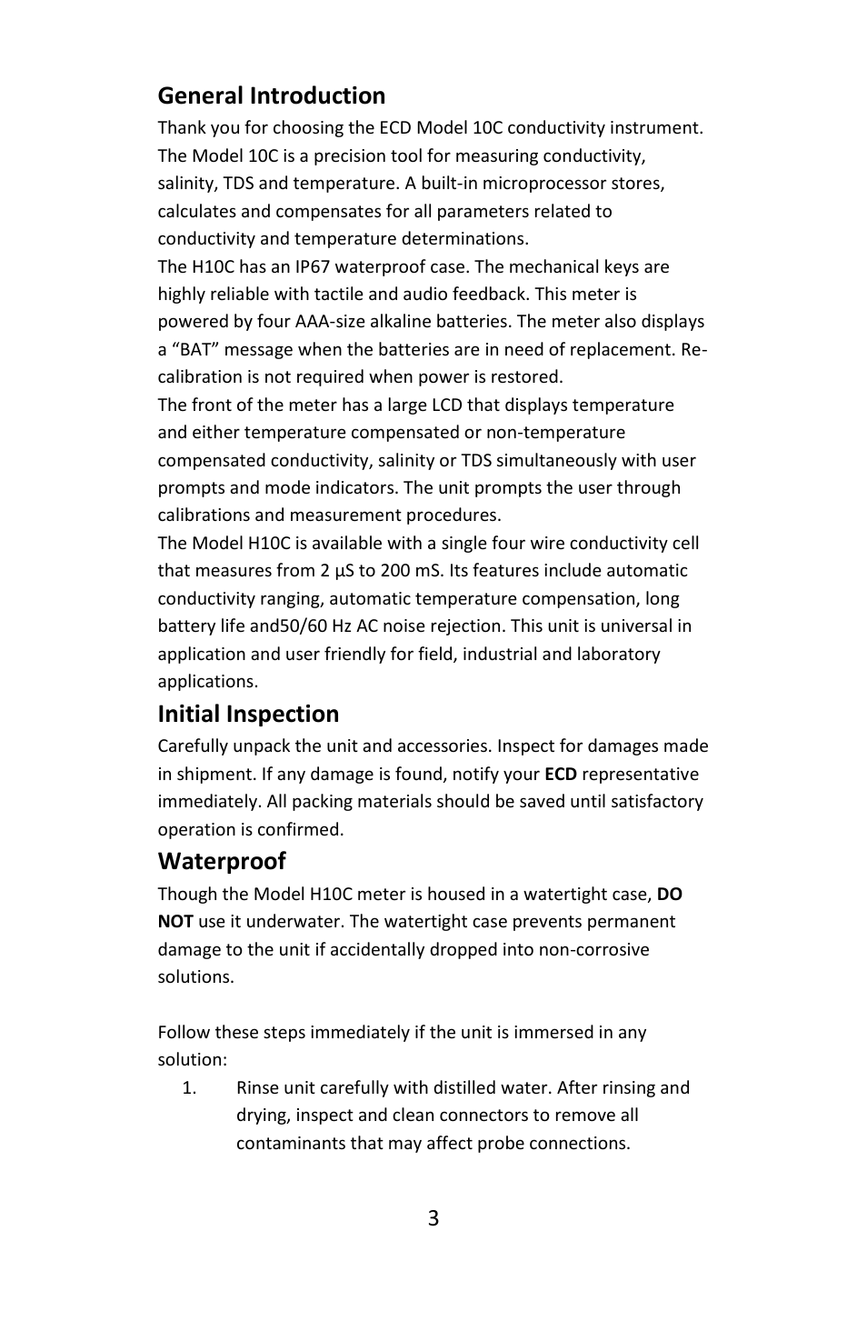 General introduction, Initial inspection, Waterproof | Electro-Chemical Devices (ECD) H10C User Manual | Page 3 / 12