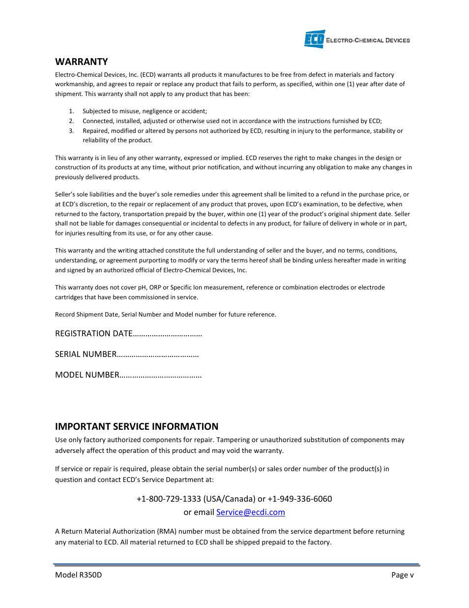 Warranty, Important service information | Electro-Chemical Devices (ECD) R350D User Manual | Page 5 / 11