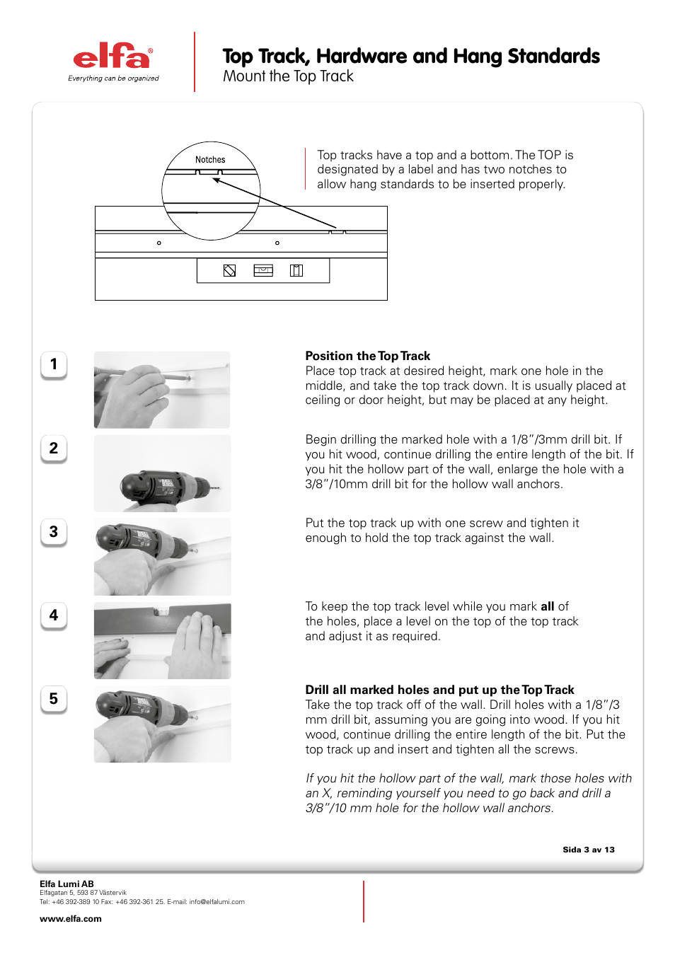 Top track, hardware and hang standards, Mount the top track | Elfa Top Track and hang standards User Manual | Page 3 / 4