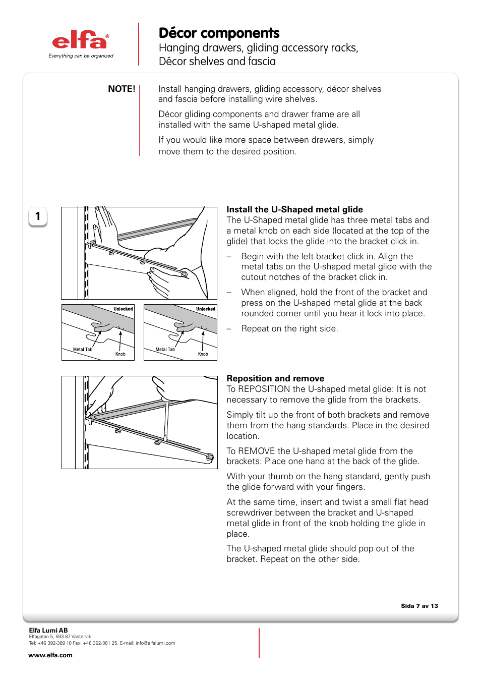 Elfa Drawer frame, pant rack, décor fascia and accessory tray User Manual | 4 pages