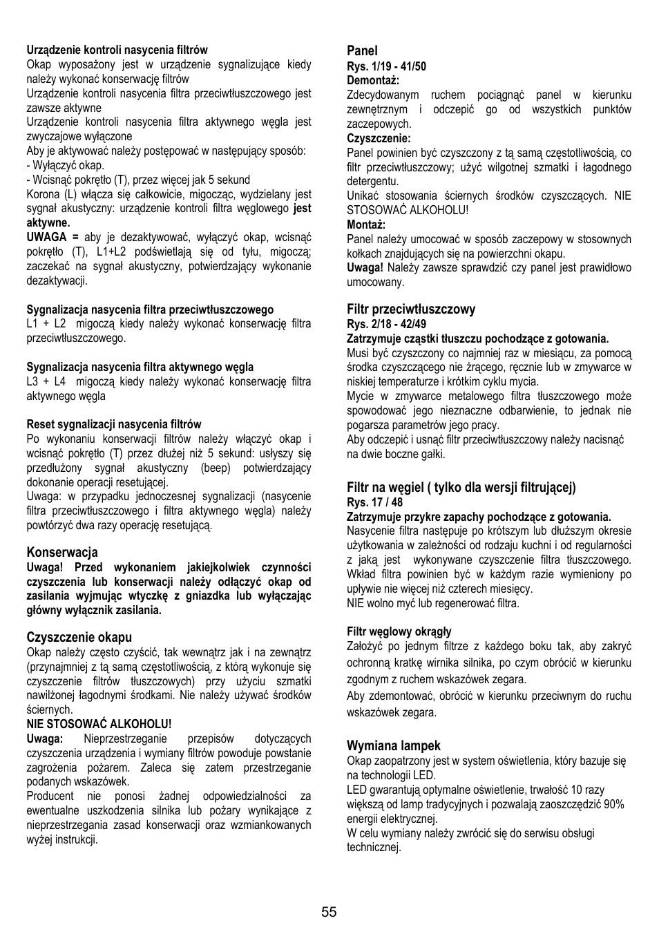 Konserwacja, Czyszczenie okapu, Panel | Filtr przeciwtłuszczowy, Filtr na węgiel ( tylko dla wersji filtrującej), Wymiana lampek | ELICA 35CC ISLAND User Manual | Page 111 / 172